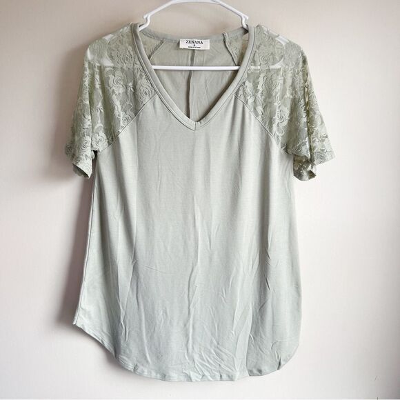 Zenana Sage Green Lace Crochet Short Sleeve Blouse - Picture 1 of 4
